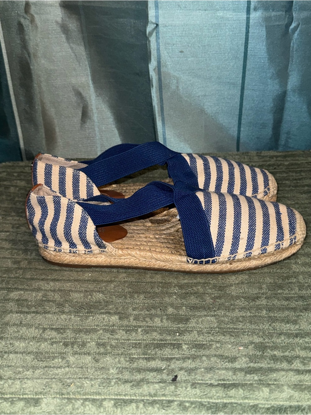 Michael Kors Navy and White Striped Espadrilles with Elastic Cross Straps
